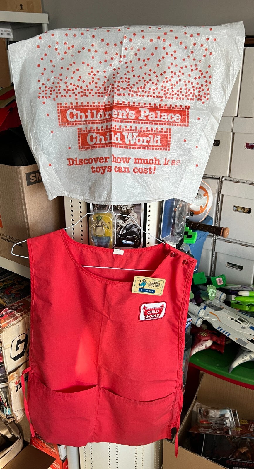 Child World Employee 1980s Worker Apron Smock Vest Shirt Name Tag Bag Lot Good